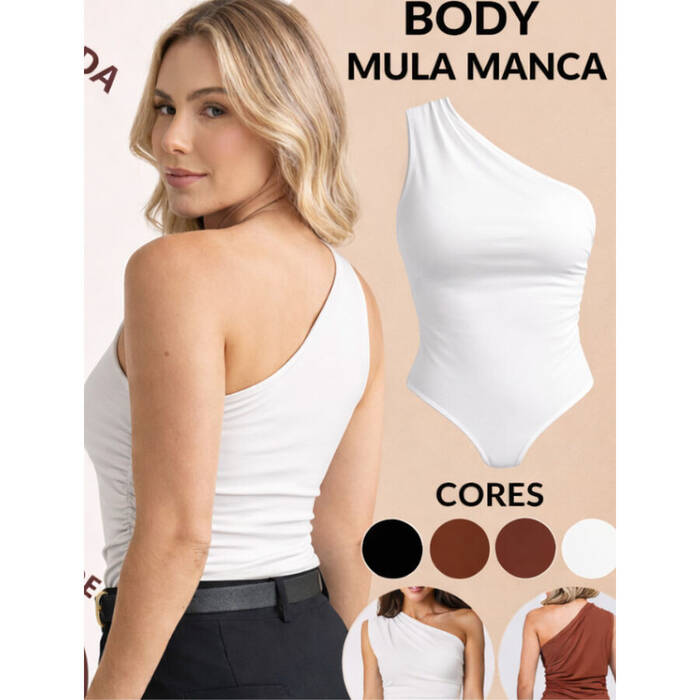 Body Feminino Suplex Um Ombro Só Mula Manca Plissado Com Forro Tendência Moda Premium